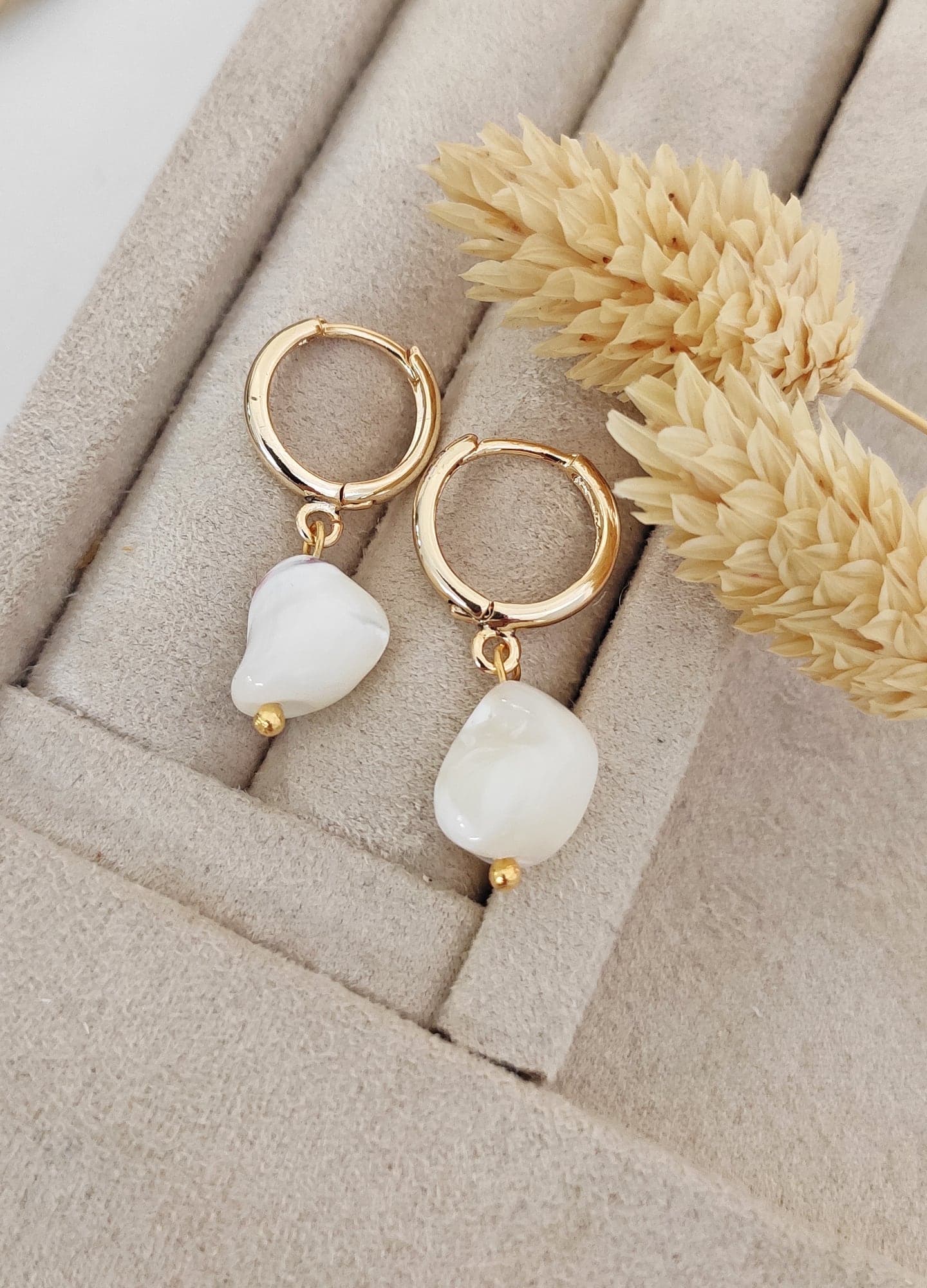 Gold Plated Broken Mother of Pearl Stone Dangle Hoop Earrings in Brass 