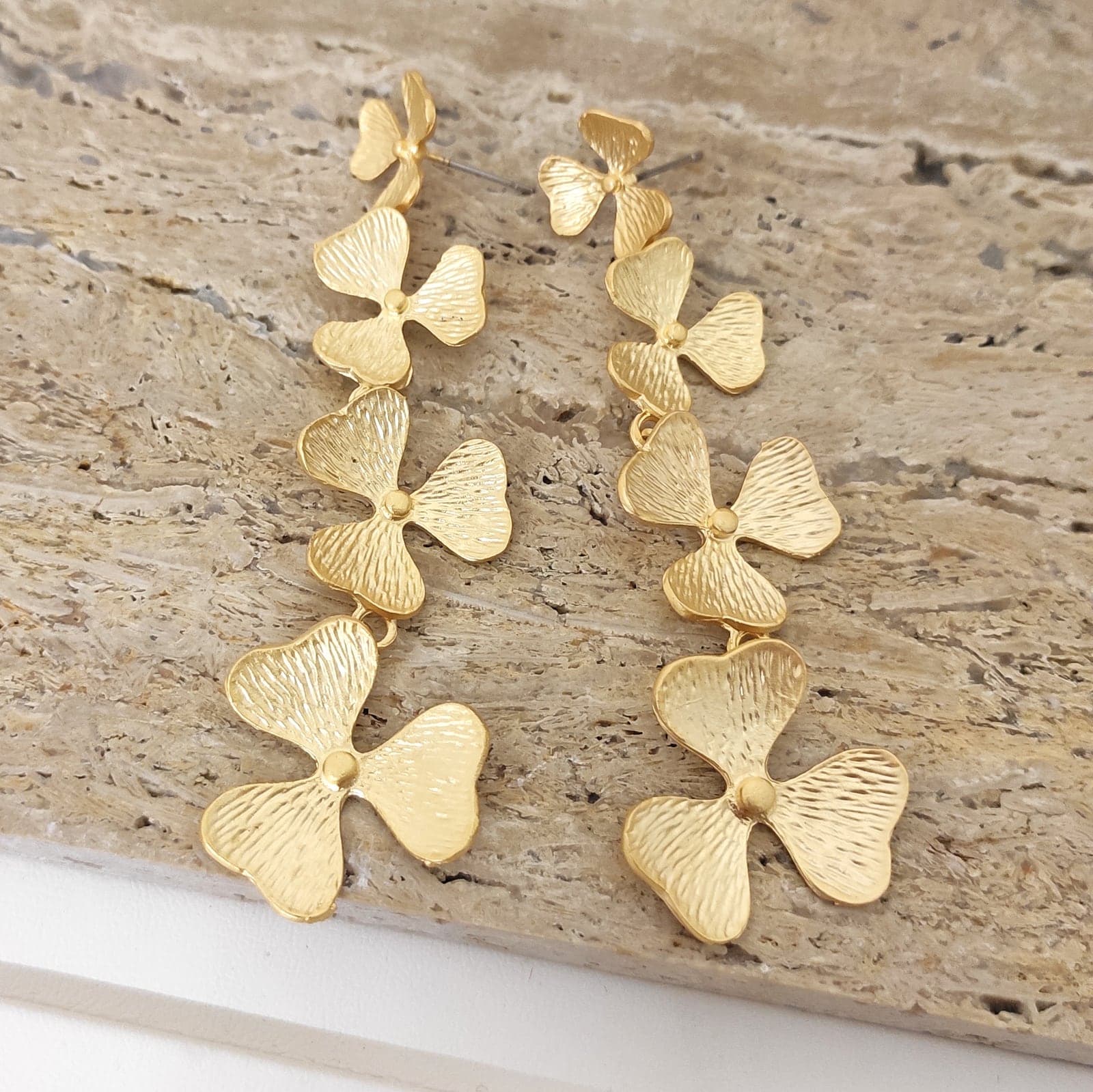 Gold Plated Leaf Pattern Long Earrings on Brass