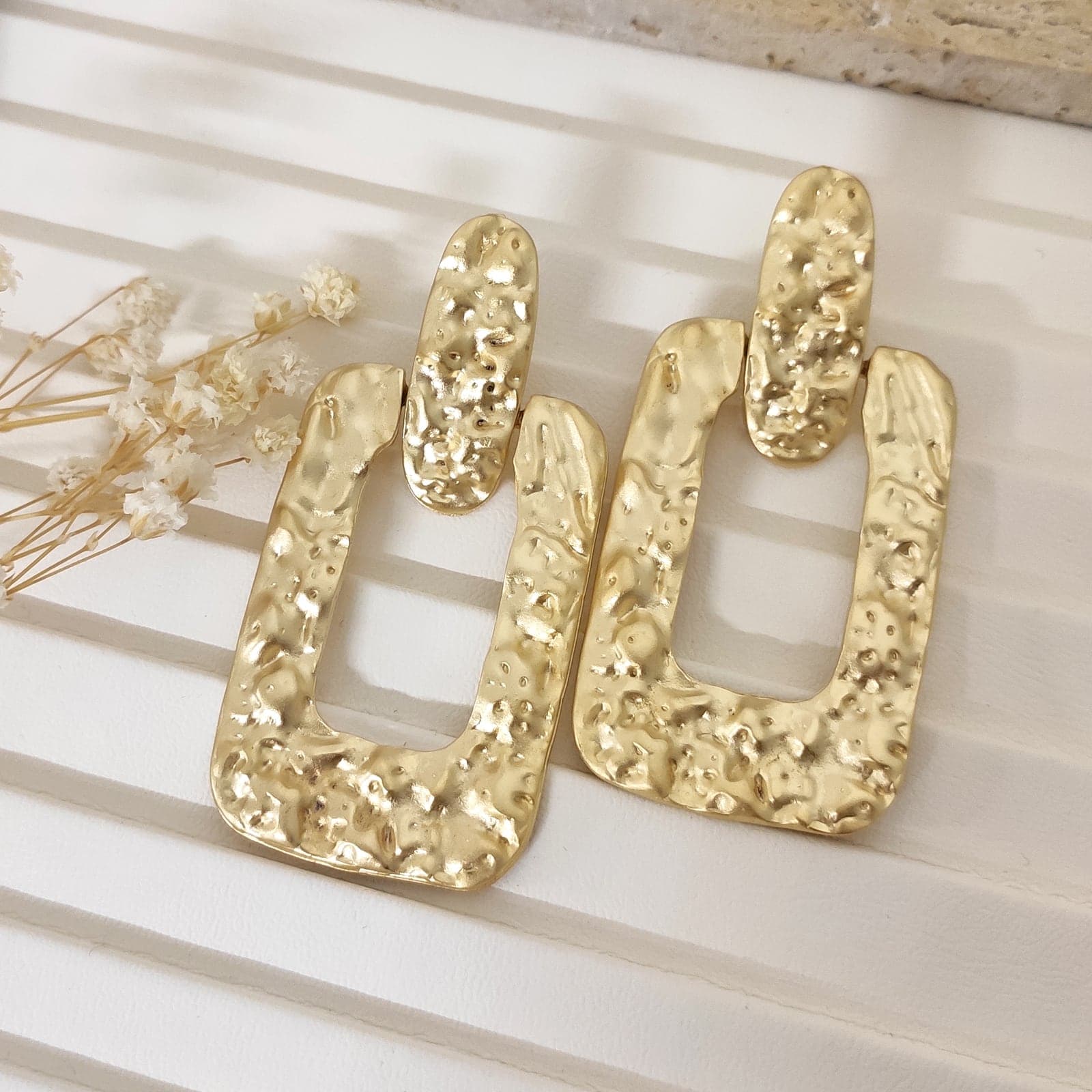 Square Pendant Studded Earrings with Gold Plated Pattern on Brass