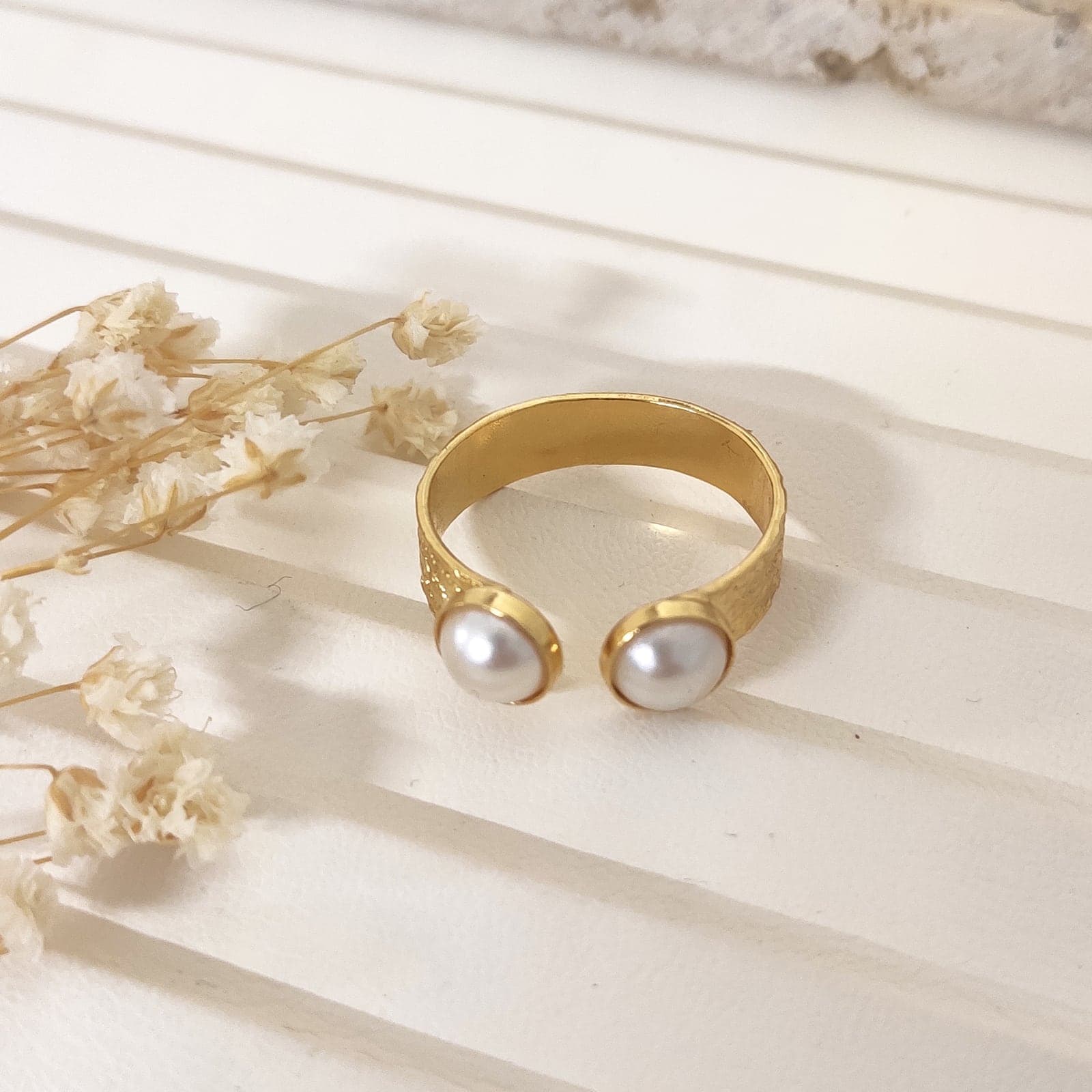Adjustable Brass Ring with Gold Plated Pearl Details