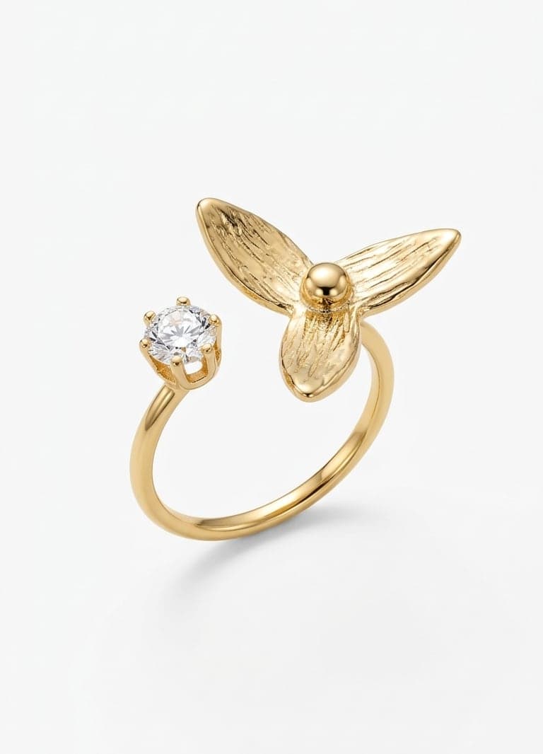 Adjustable Brass Ring with Gold Plated Zircon Stone and Leaf Detail
