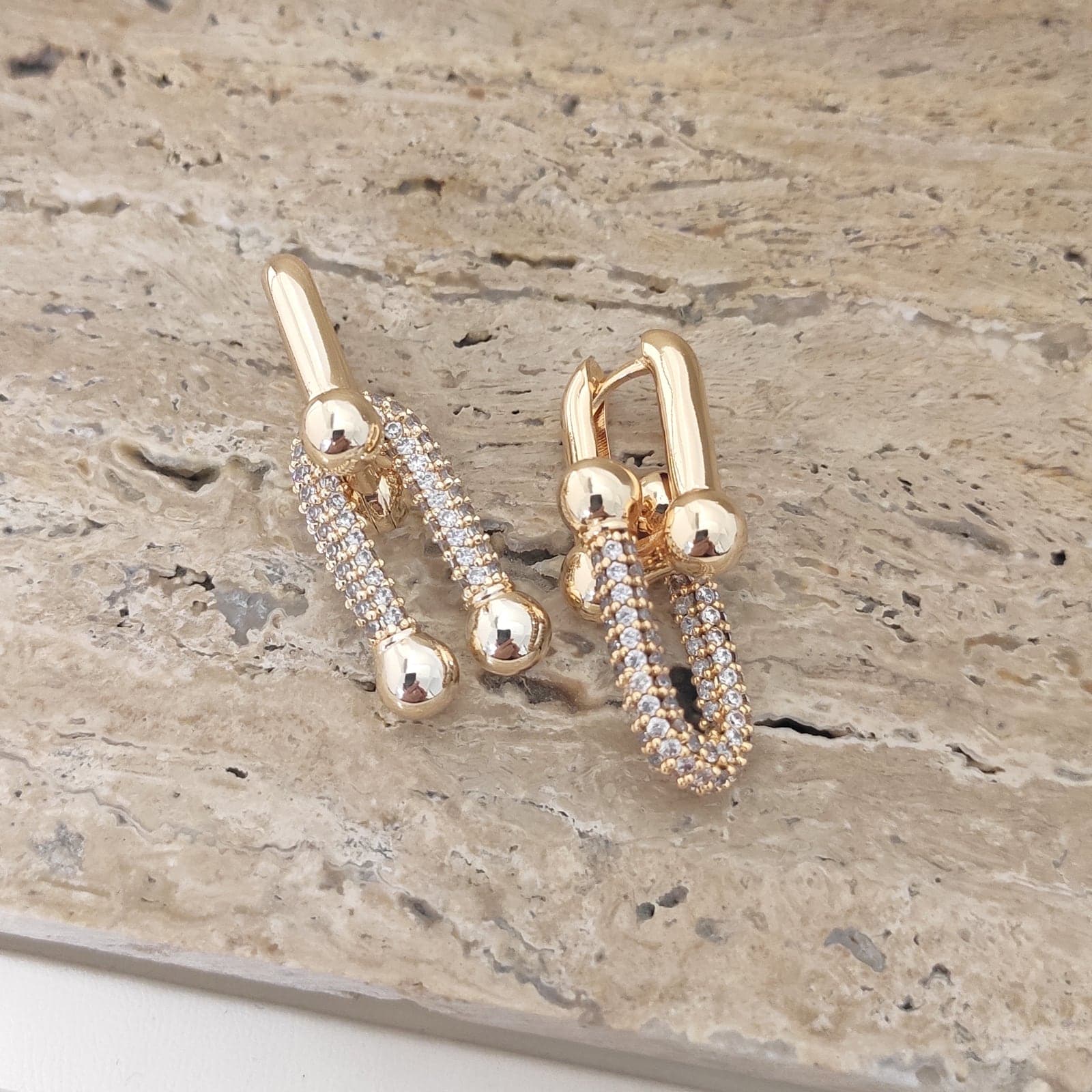 Thick Chain Earrings with Gold Plated Zircon Stone on Brass