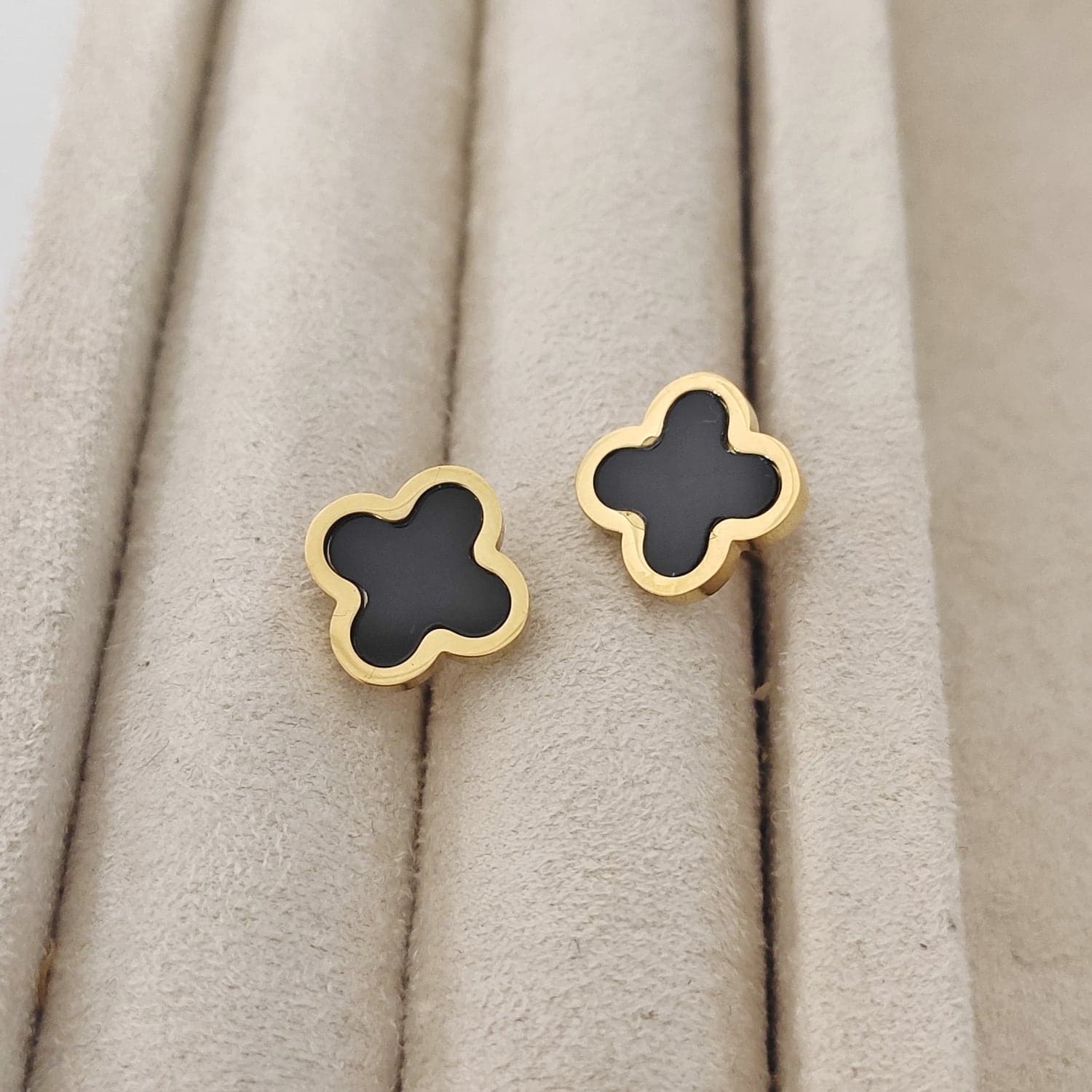Gold Plated Mother of Pearl Embroidered Clover Earrings on Steel