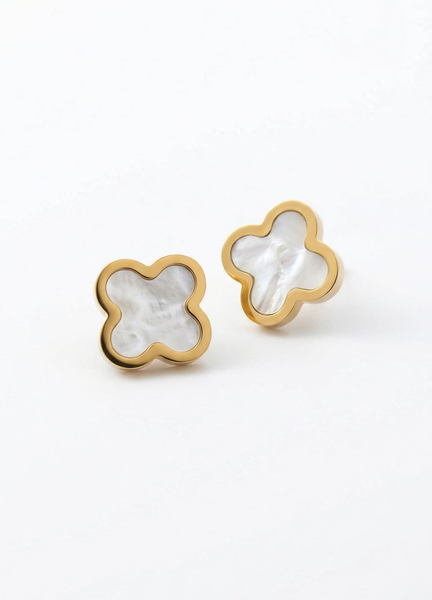 Gold Plated Mother of Pearl Embroidered Clover Earrings on Steel