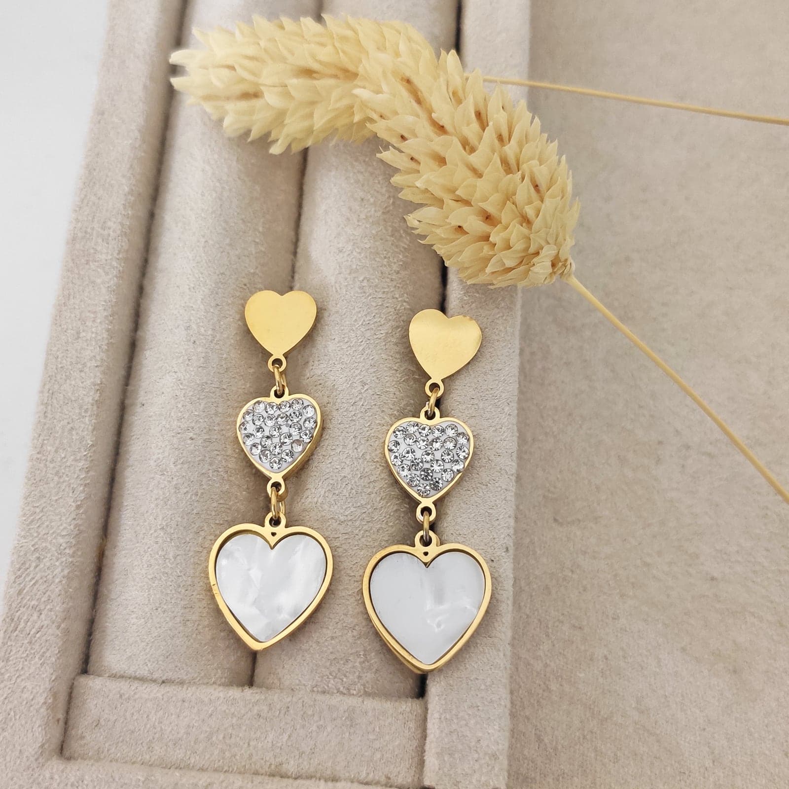 Gold Plated Mother of Pearl and Zircon Stone Heart Earrings on Steel