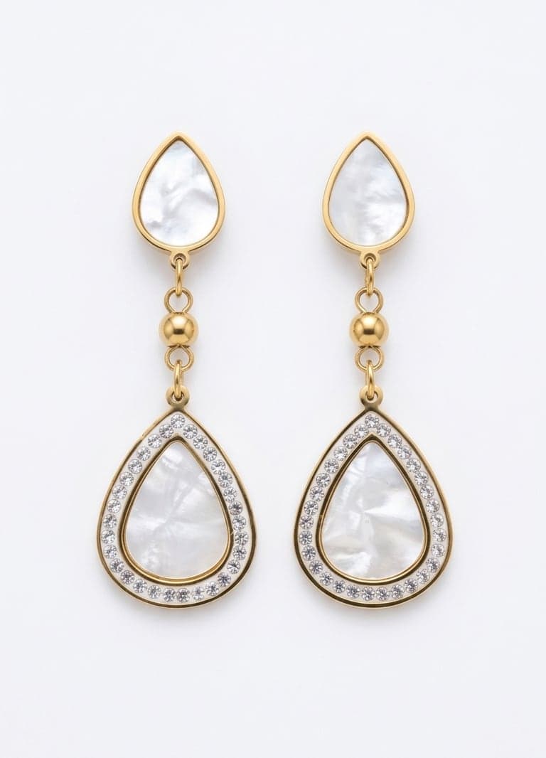 Gold Plated Pearl and Zircon Stone Drop Dangle Earrings on Steel