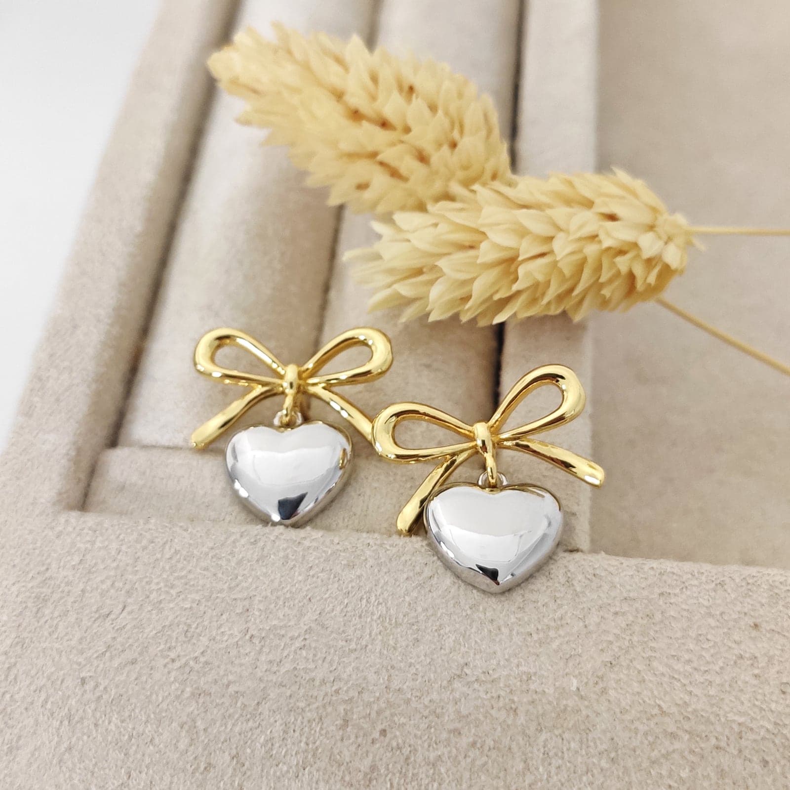 Gold Plated Plastic Pearl Heart Dangling Bow Earrings on Steel