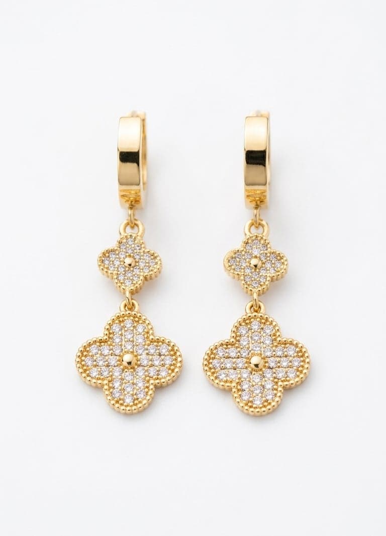 Gold Plated Zircon Stone Clover Dangle Earrings on Steel