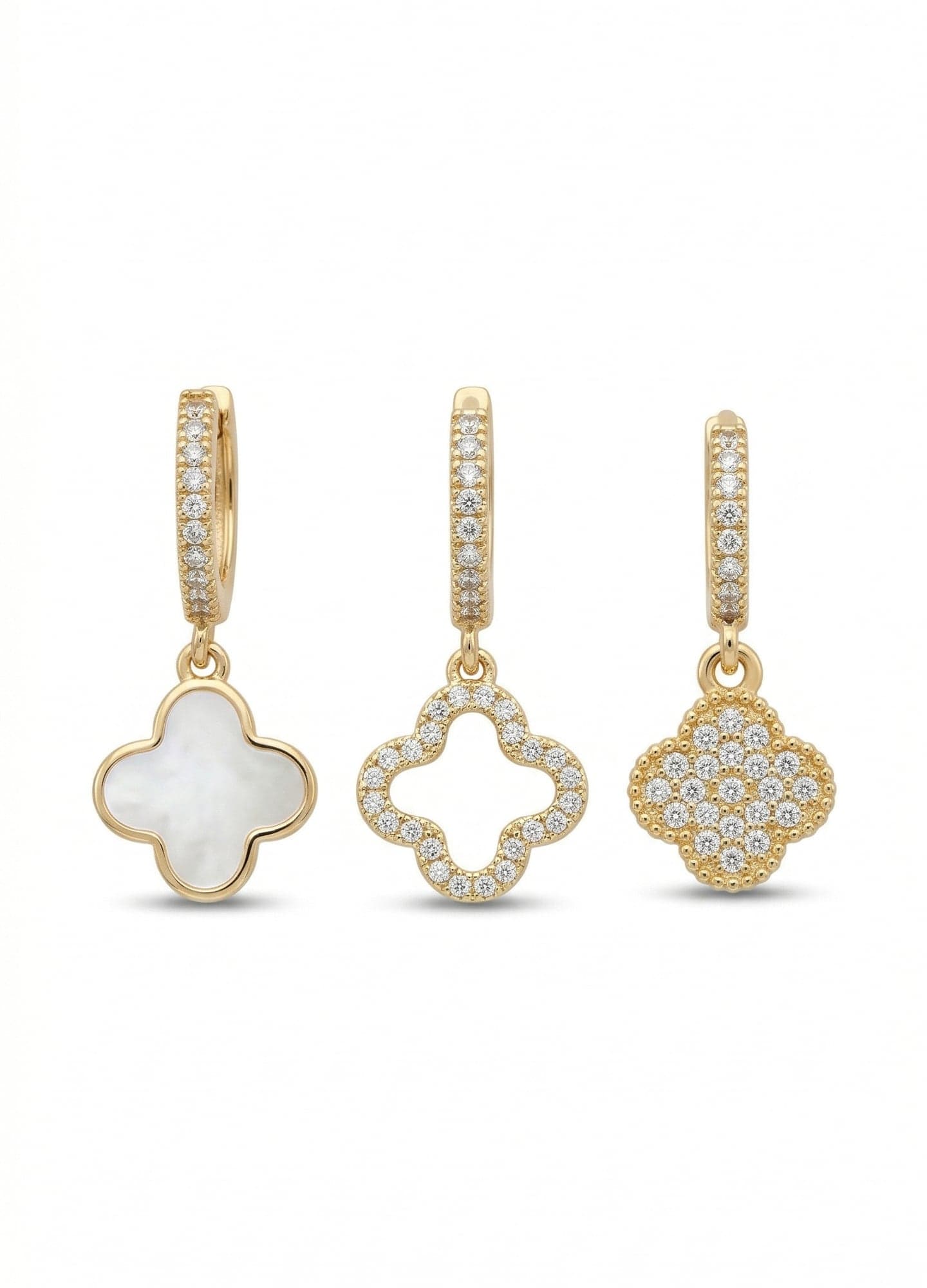 Gold Plated Mother of Pearl and Zircon Stone Clover Earrings Set on Steel (For One Ear)