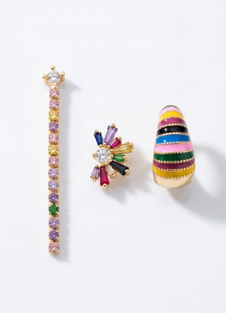 Gold Plated Colorful Enamel Detailed and Zircon Stone Earrings Set on Steel (For One Ear)