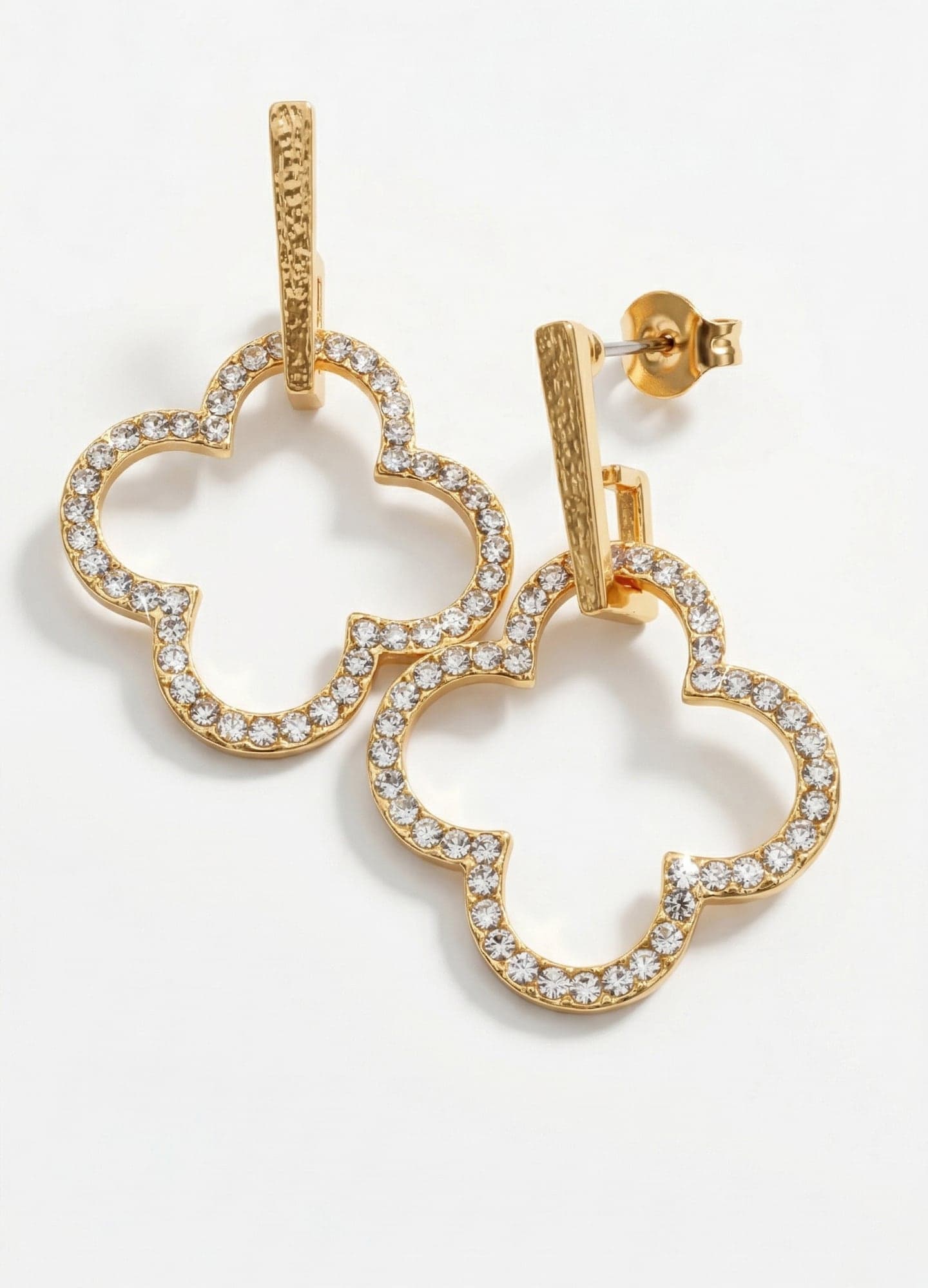 Gold Plated Zircon Stone Clover Dangle Earrings on Brass