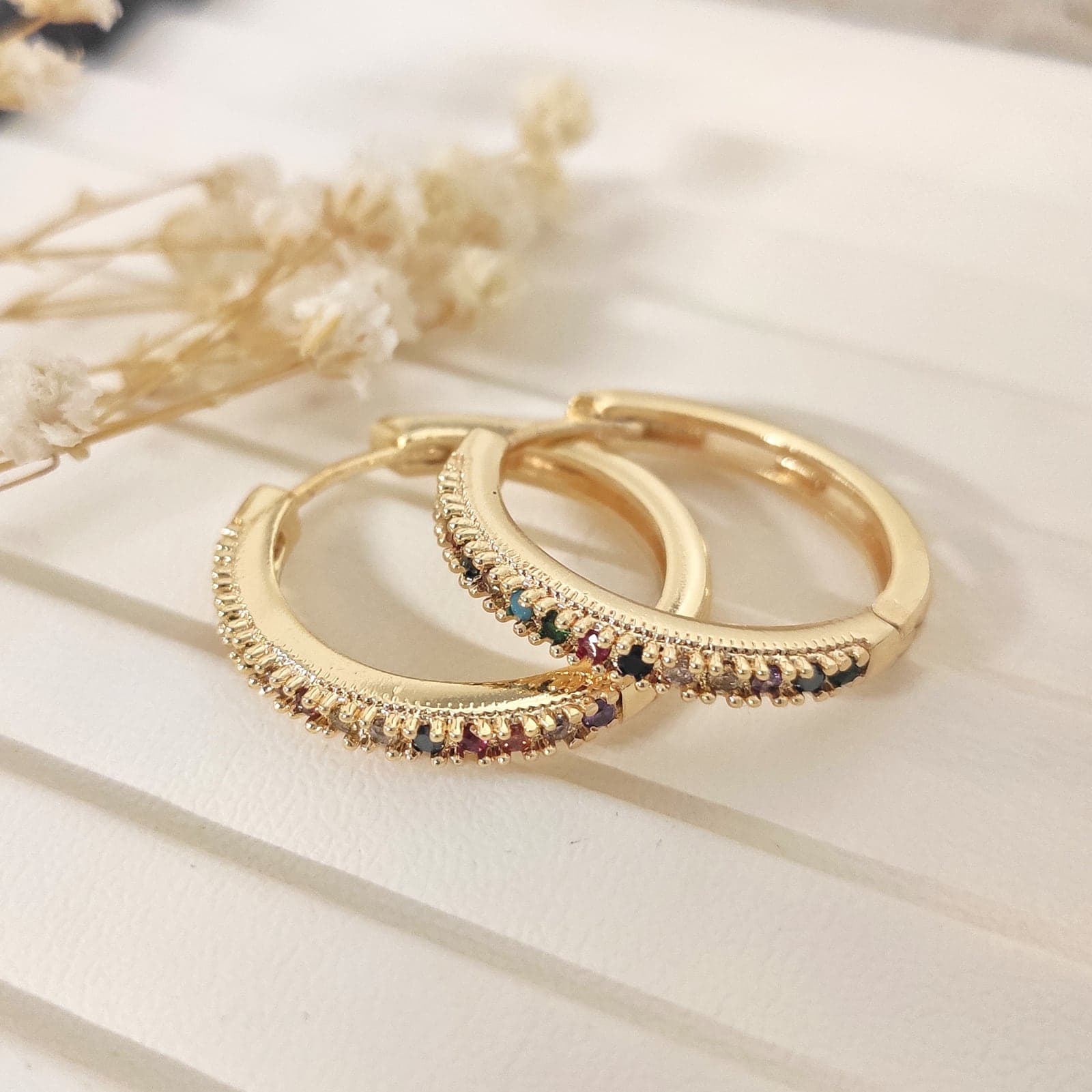 Gold Plated Brass Colored Zircon Stone Detailed Hoop Earrings