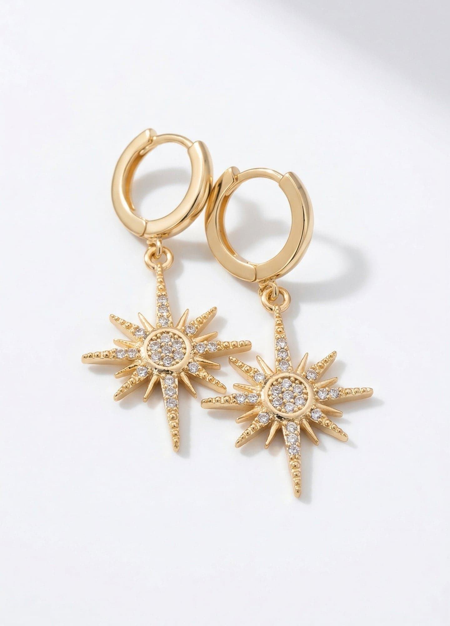 Brass Gold Plated Zircon Stone Pole Star Dangle Hoop Earrings
