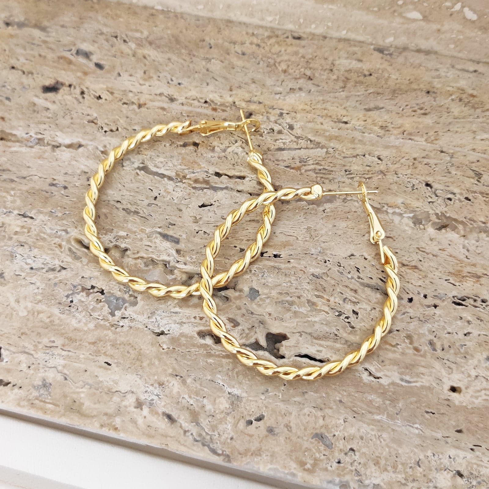 Gold Plated Brass Twist Model Big Hoop Earrings