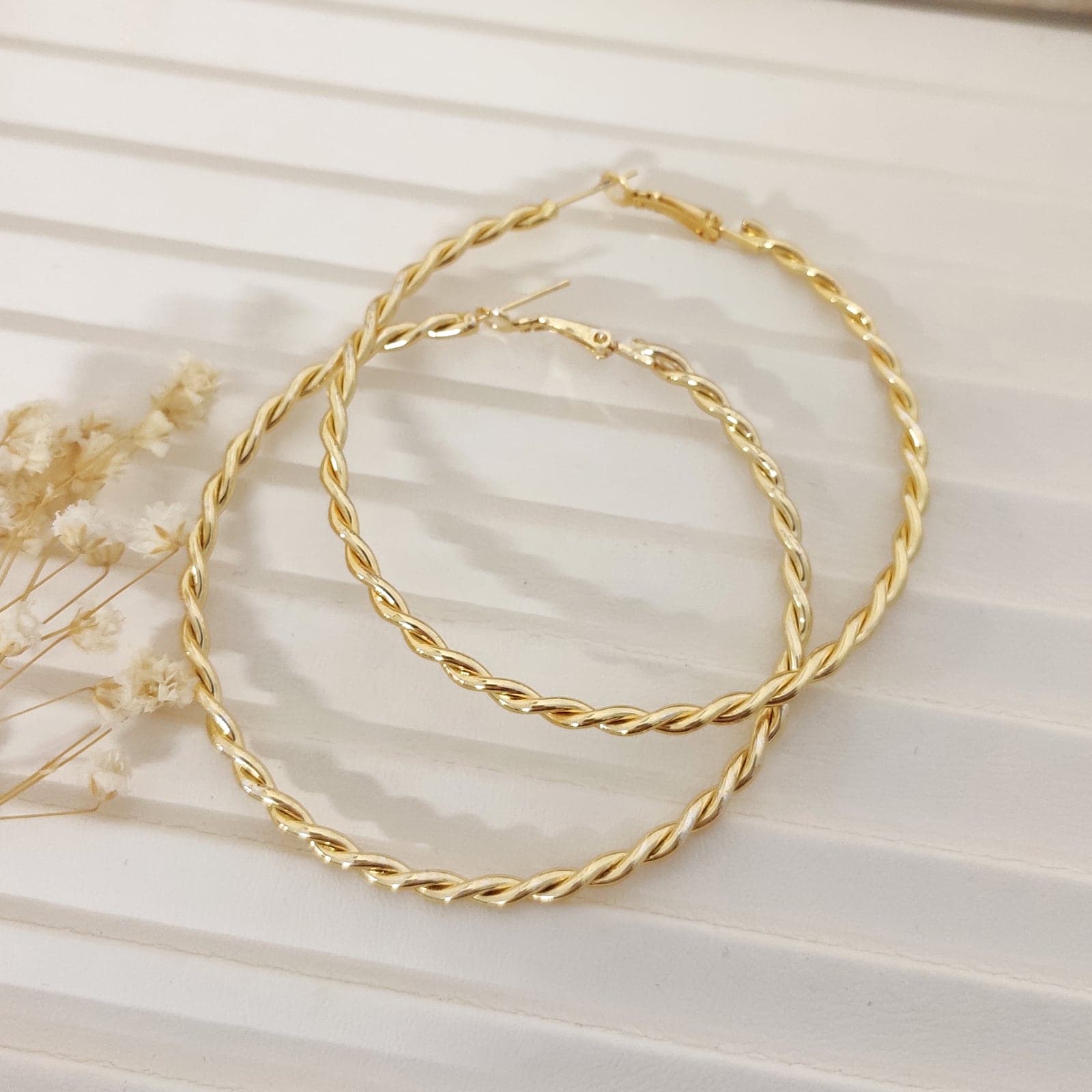 Gold Plated Brass Twist Model Big Hoop Earrings