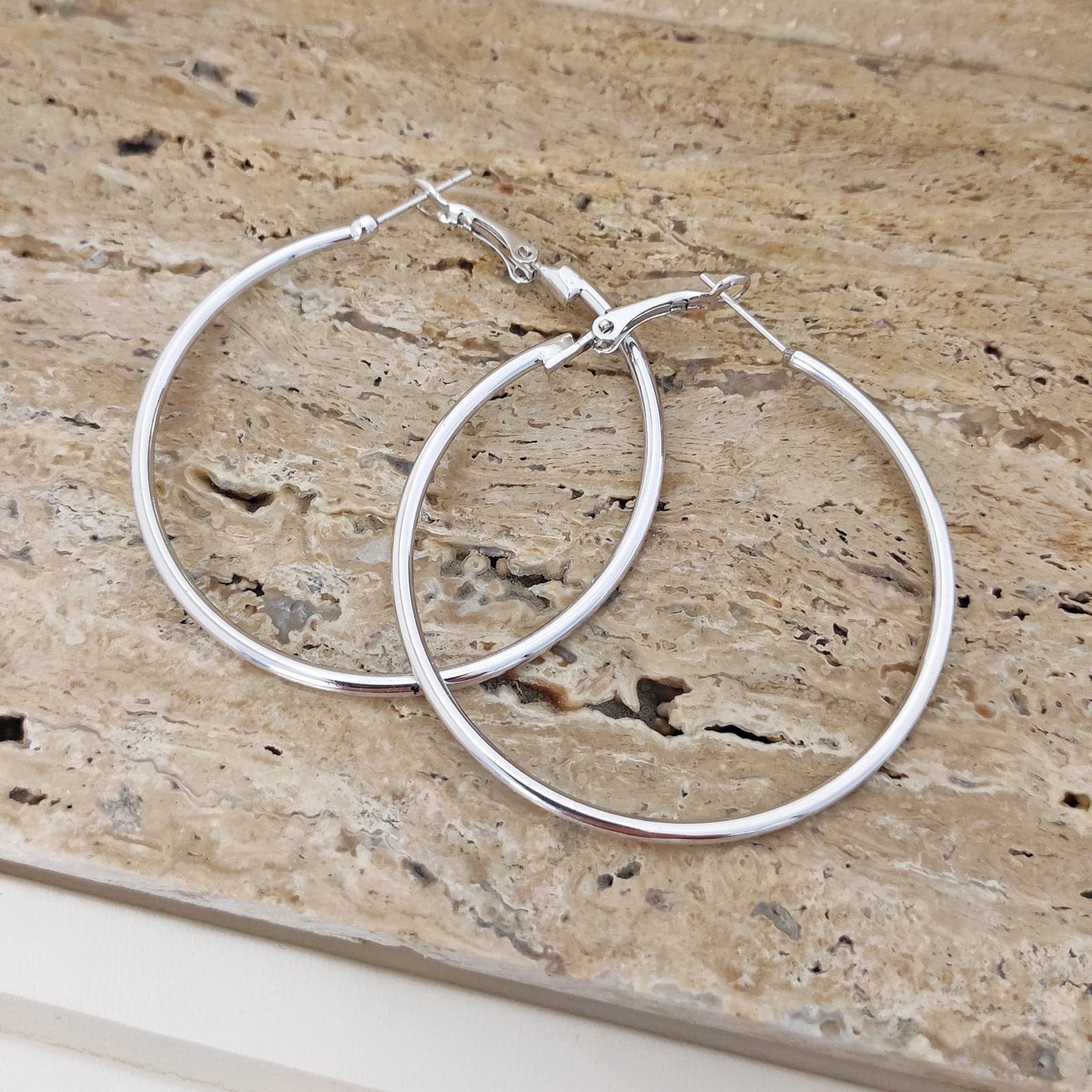 Silver Tone Shiny Big Hoop Earrings on Brass