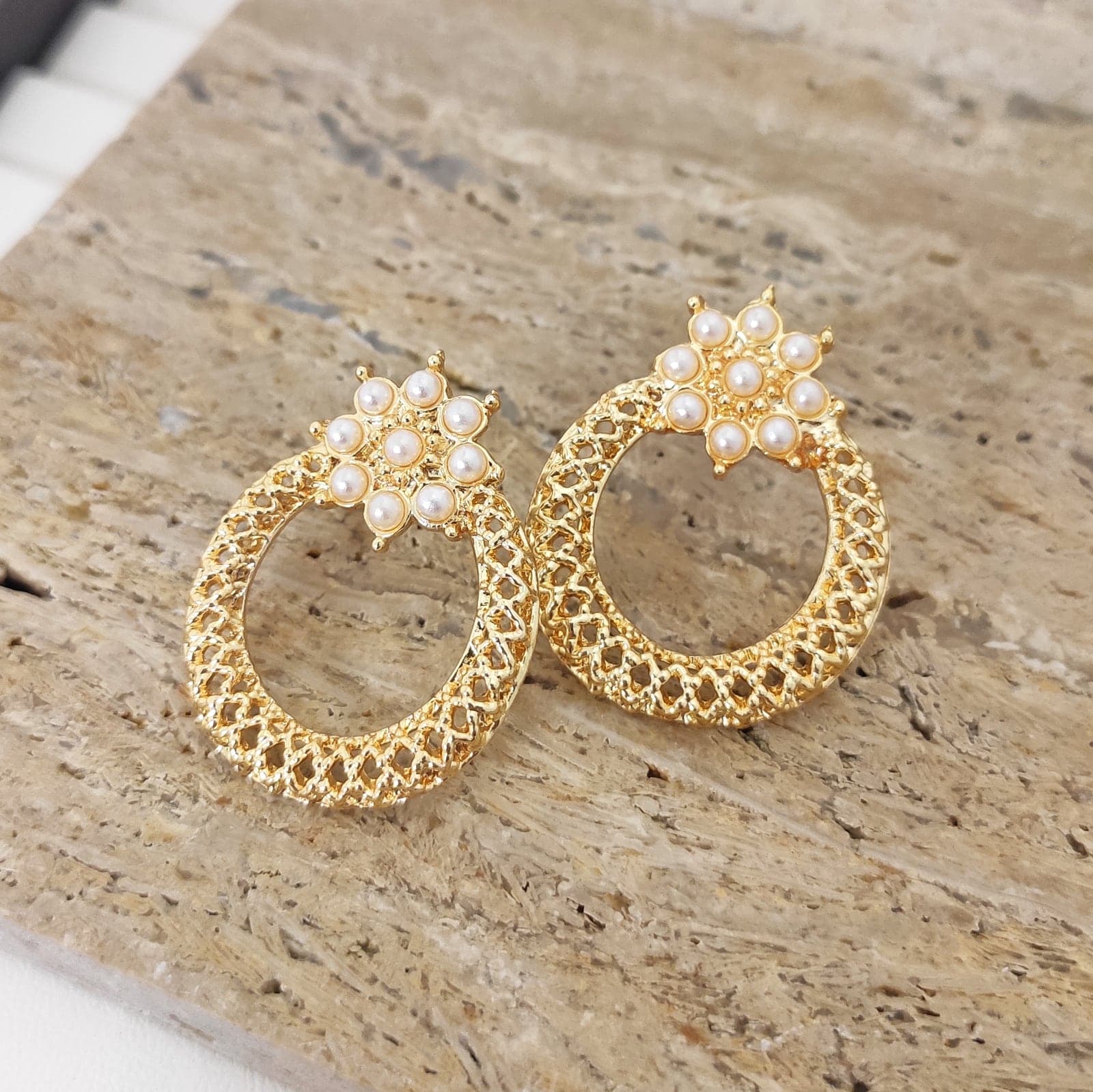 Gold Plated Brass Flower Patterned Plastic Pearl Detailed Hoop Earrings