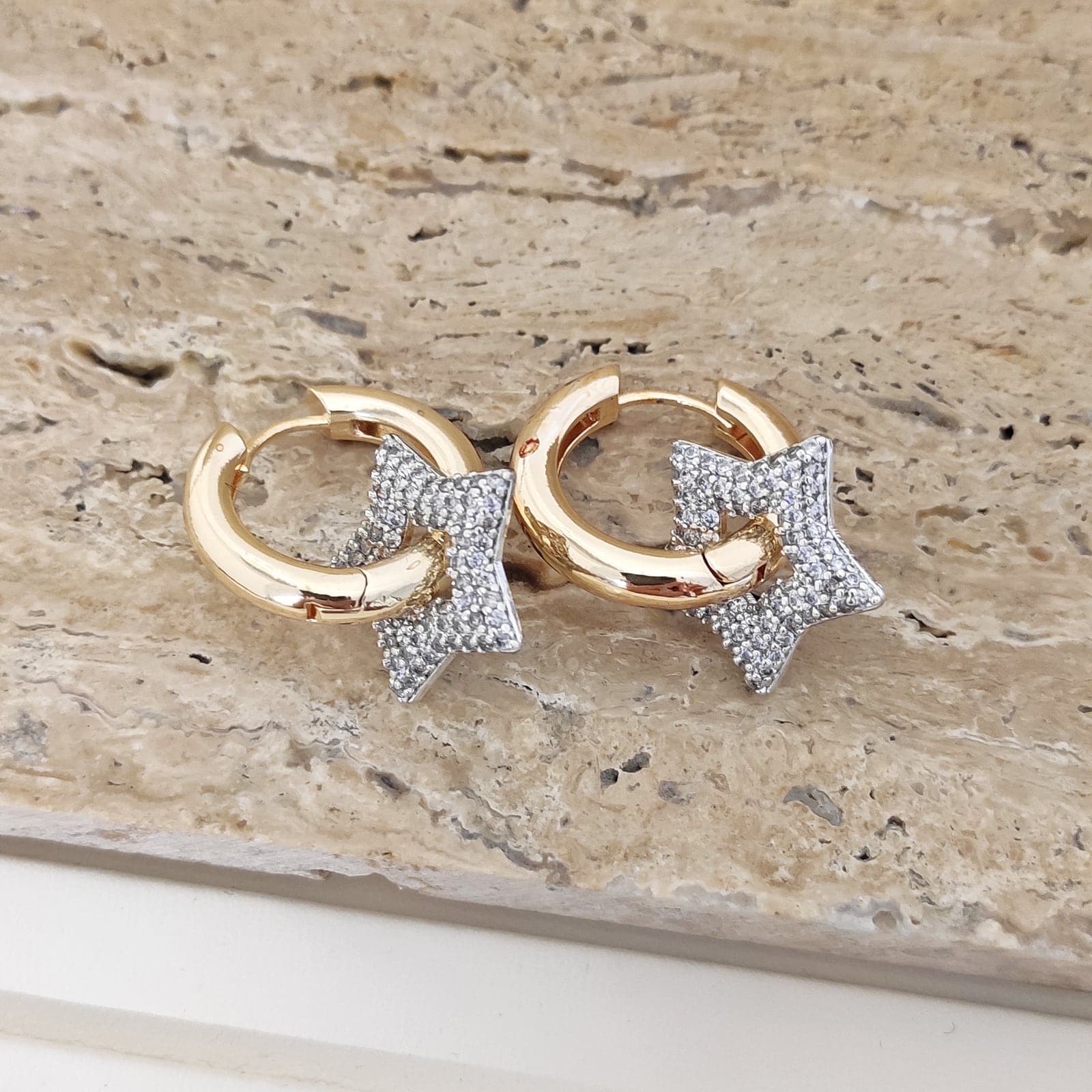 Gold Plated Zircon Stone Star Dangle Earrings on Brass