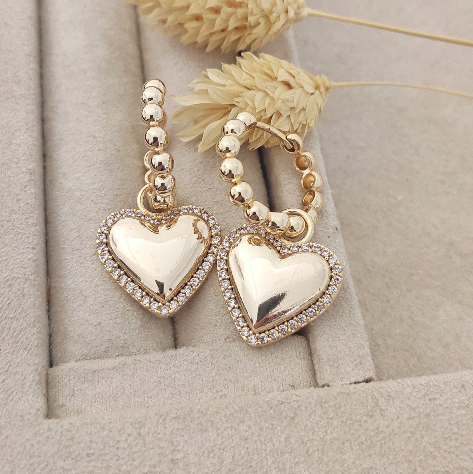Gold Plated Brass Ring Ball Detail and Zircon Stone Heart Dangle Earrings