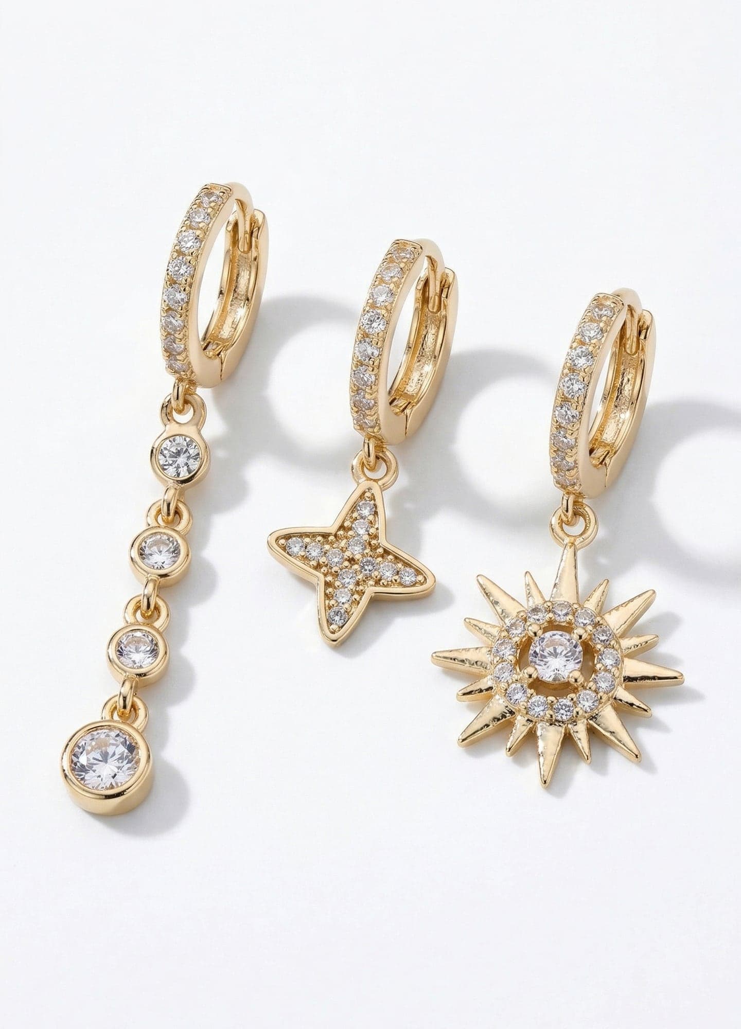 Gold Plated Brass Clover, Sun and Zircon Stone Dangle Combination Earrings