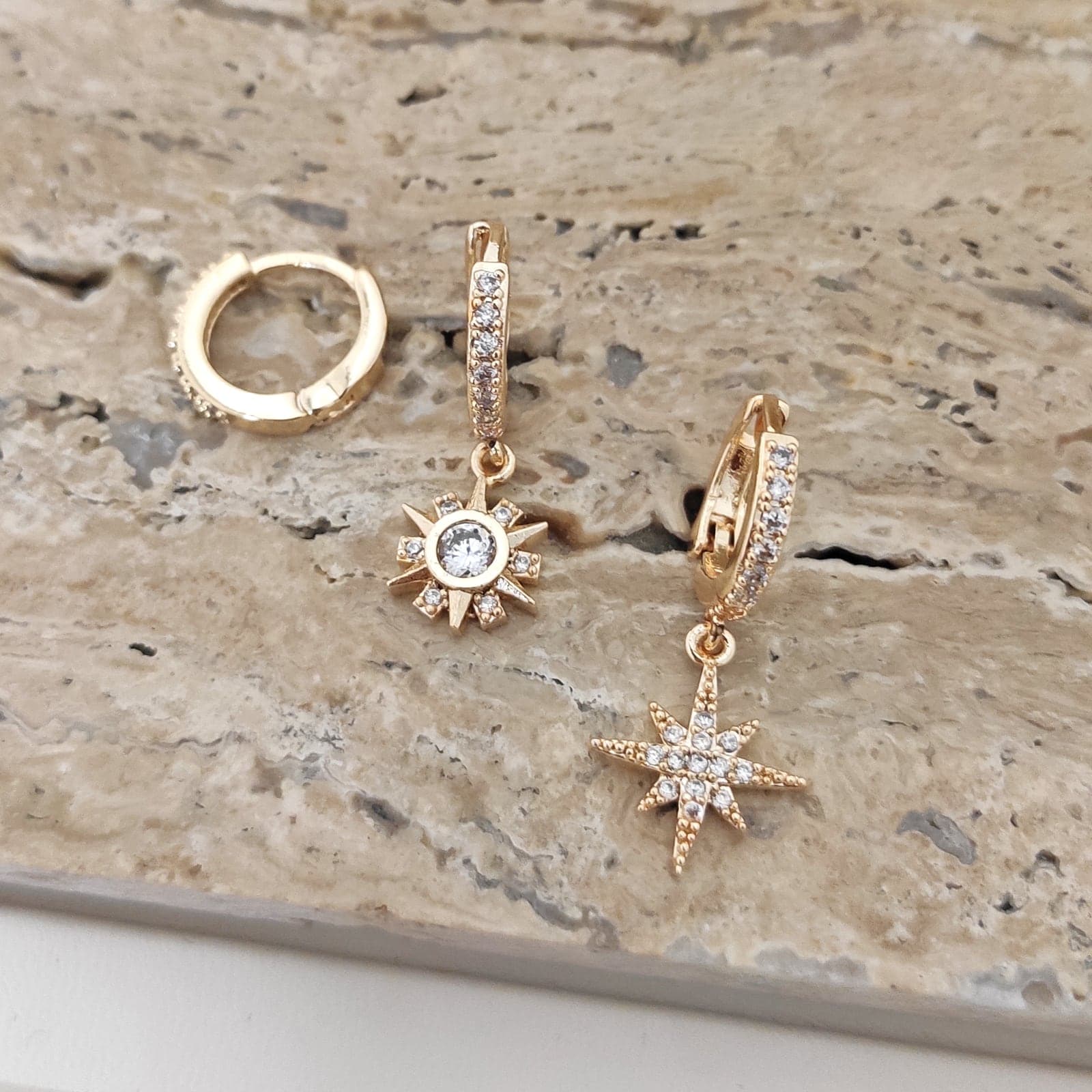 Brass Gold Plated Zircon Stone Sun and Pole Star Hoop Earring Set