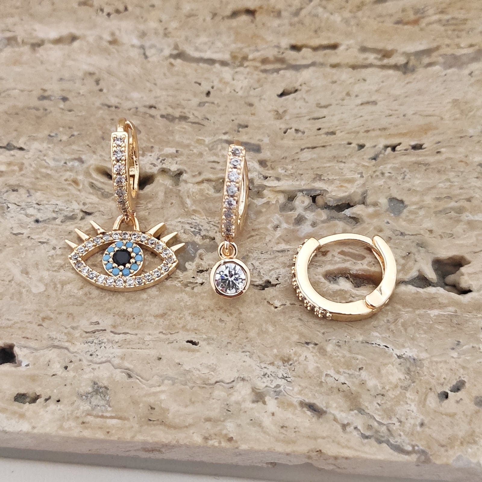 Gold Plated Brass Zircon Stone Eye and Gemstone Hoop Earring Set