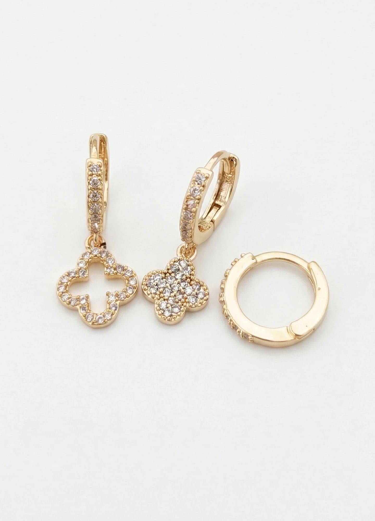 Gold Plated Brass Zircon Stone Clover Detailed Triple Earrings