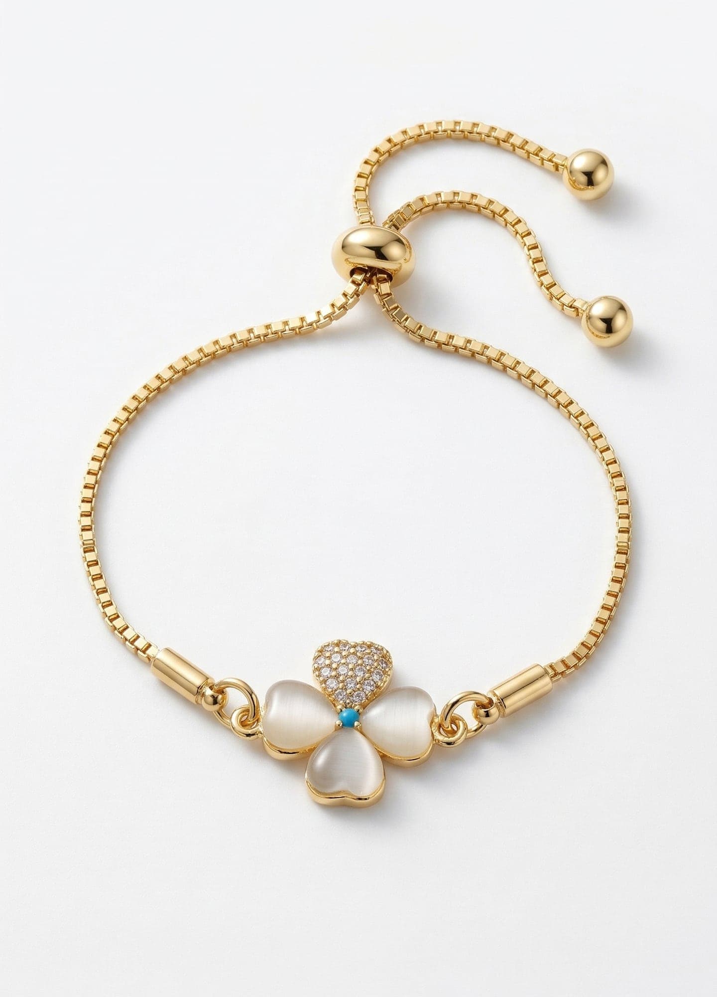 Gold Plated Brass Zircon Stone and Mother-of-Pearl Stone Clover Detailed Snake Chain Bracelet