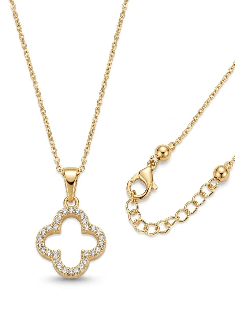 Brass with Gold Plated Zircon Stones Clover Pendant Necklace
