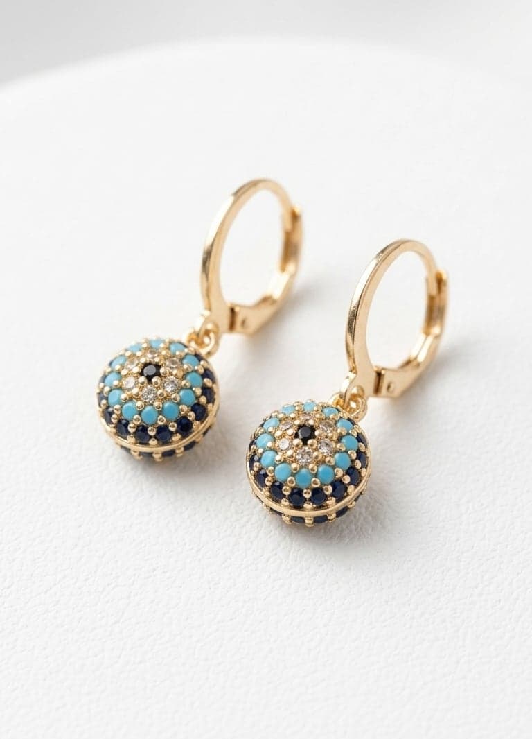 Brass Gold Plated Zircon Stone and Enamel Evil Eye Bead Hanging Earrings