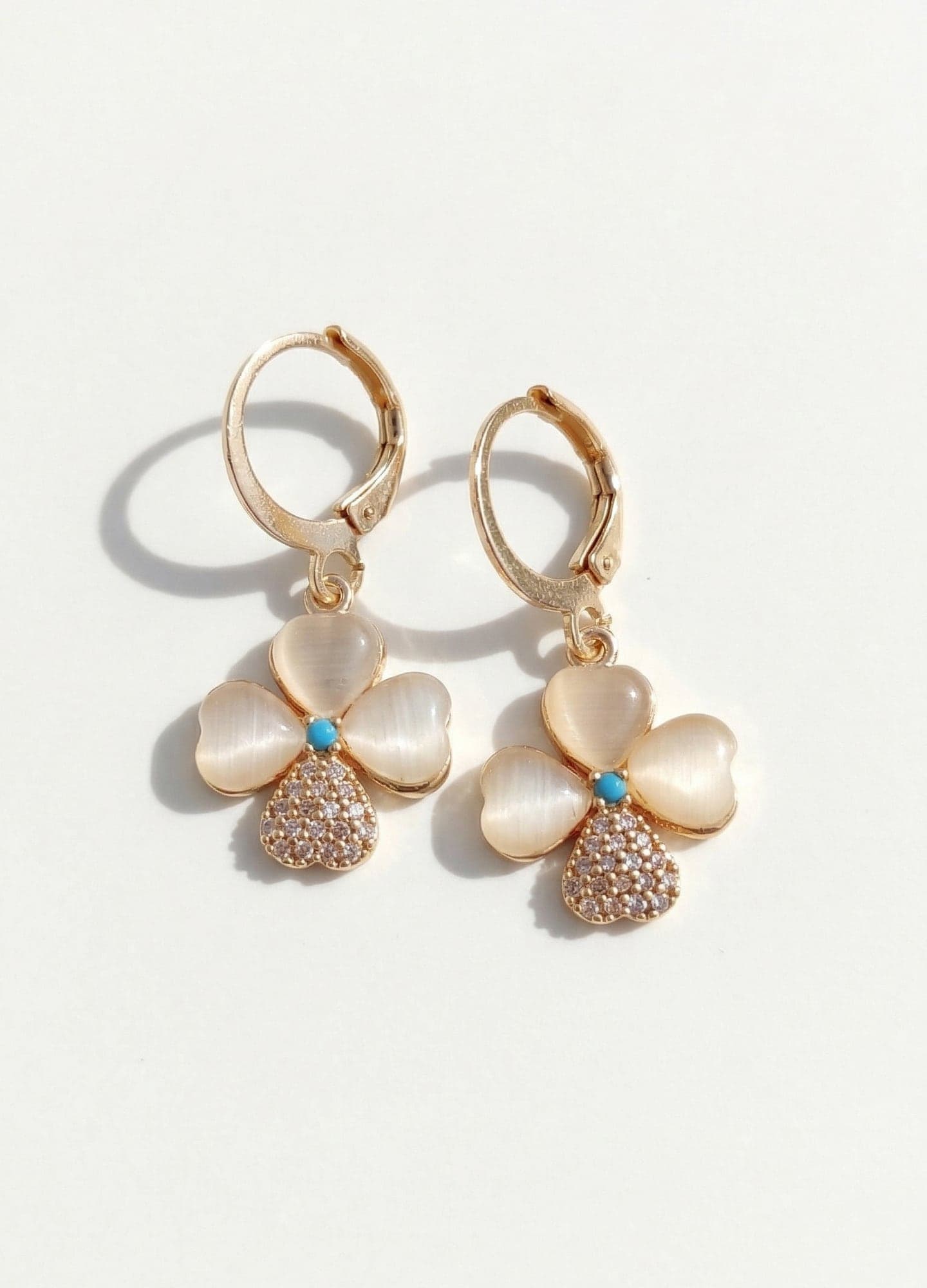 Brass Gold Plated Zircon and Mother of Pearl Clover Dangle Earrings