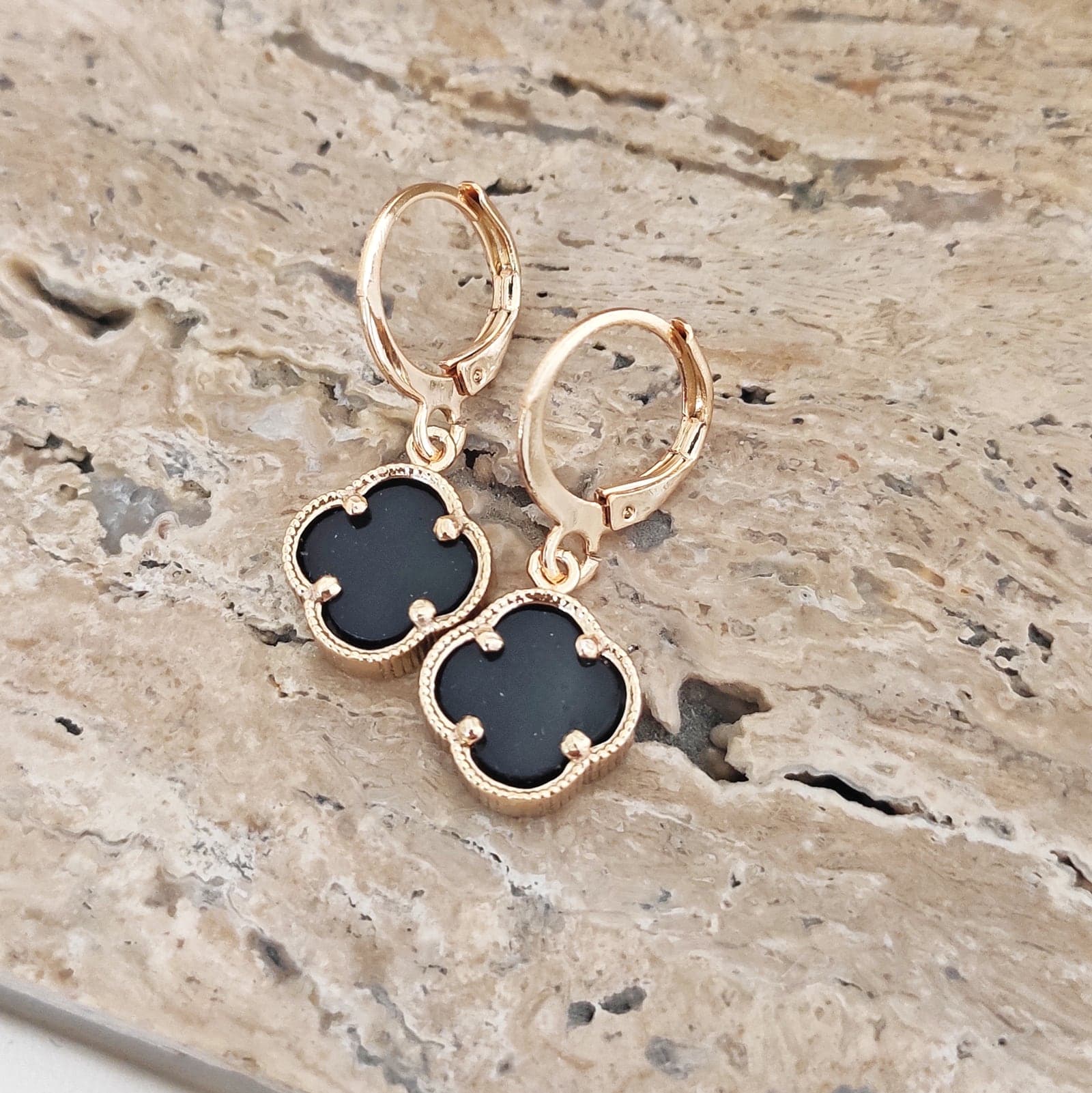 Gold Plated Brass Black Clover Dangle Earrings