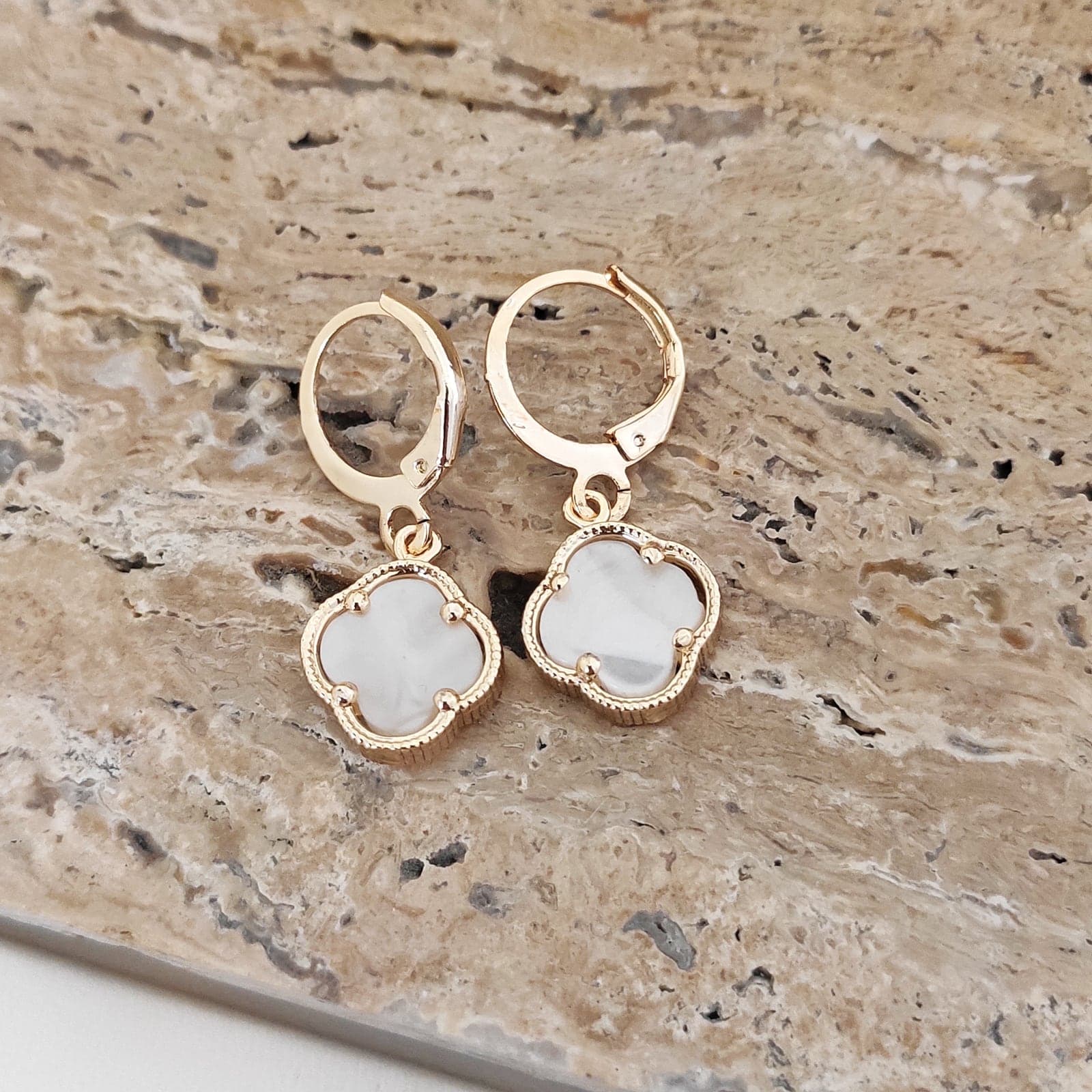 Gold Plated Brass White Clover Dangle Earrings