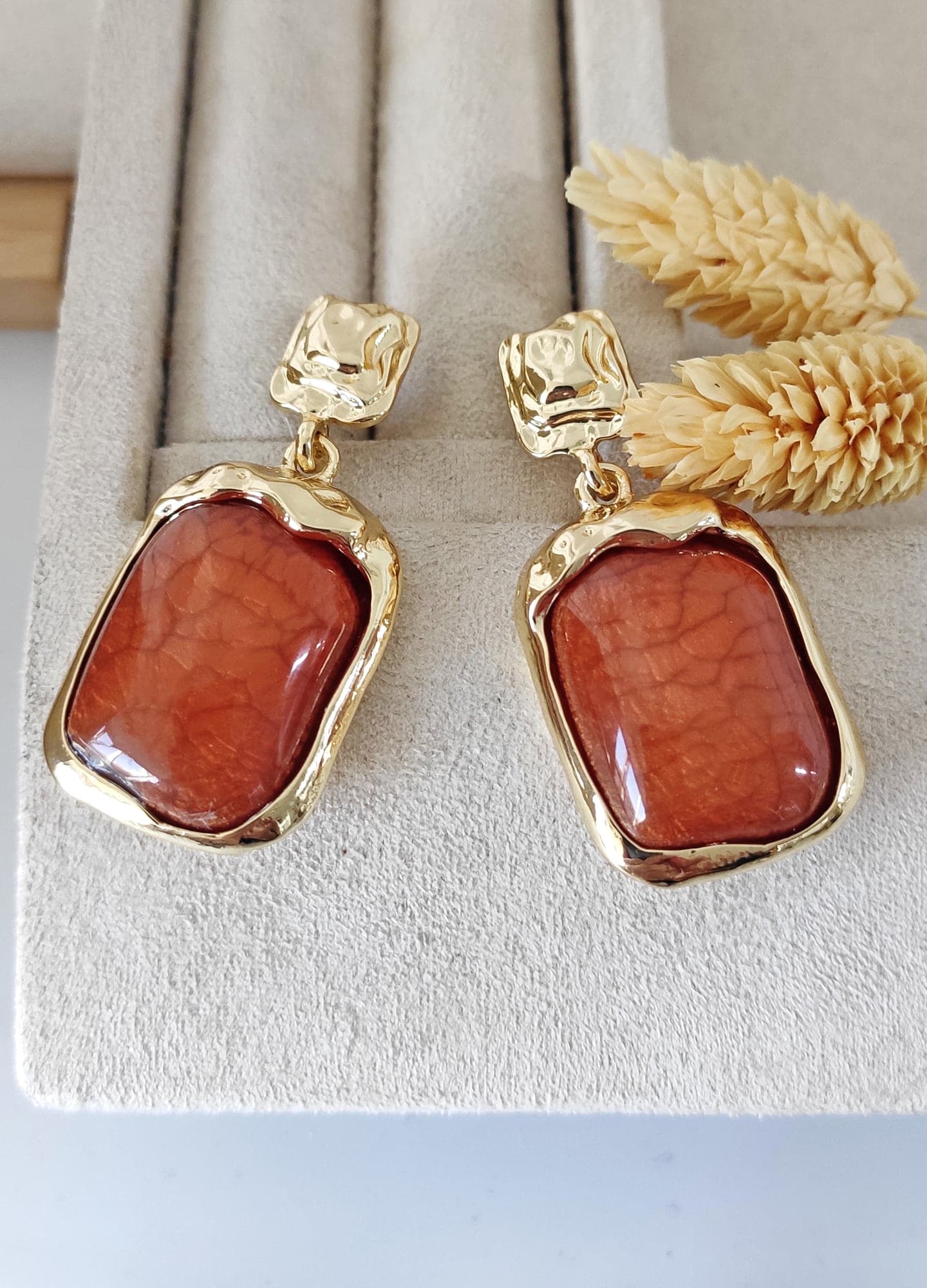 Gold Plated Brown Enamel Square Dangle Earrings in Brass