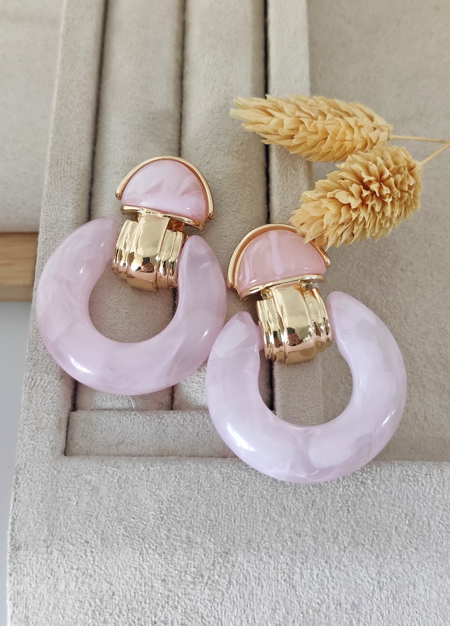 Brass with Gold Plated Pink Enamel Pendant Earrings