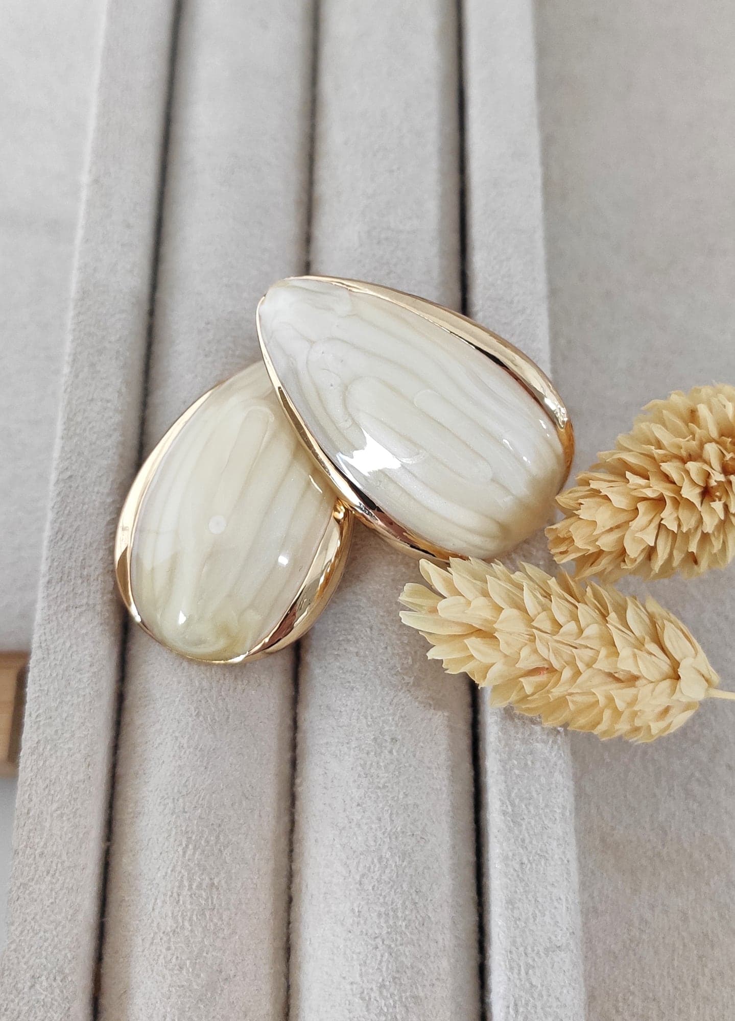 White Enameled Drop Earrings with Gold Plated Brass