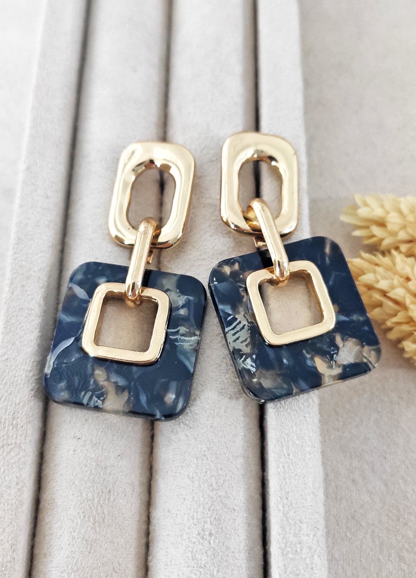 Black Enameled Square Model Earrings with Gold Plated Brass