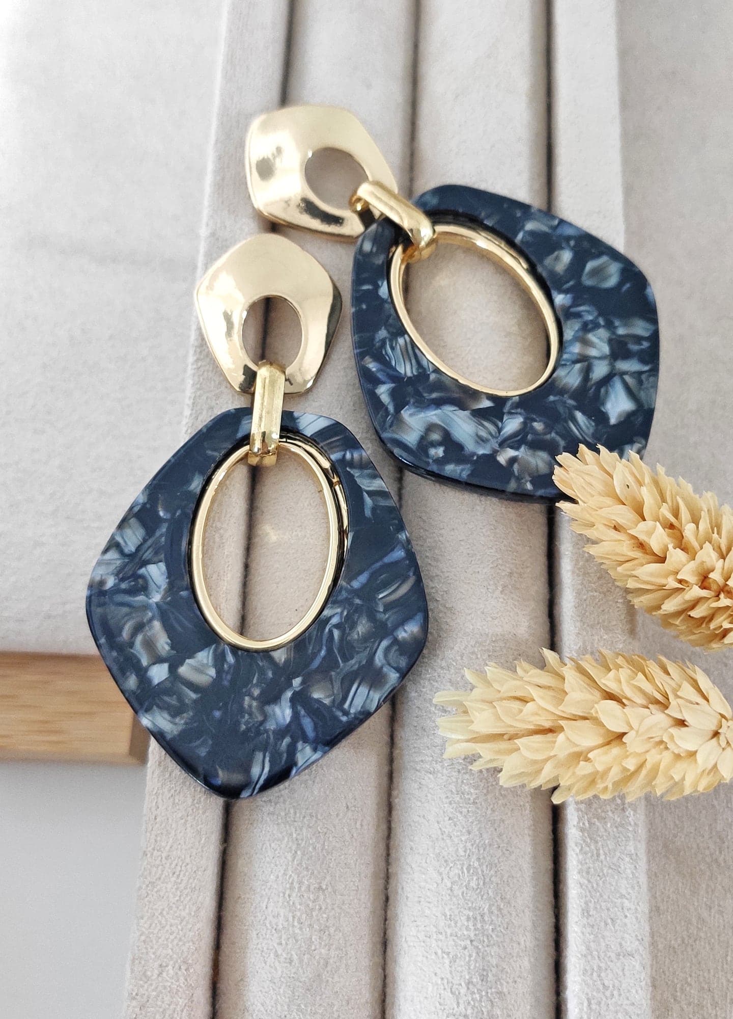 Brass with Gold Plated Black Enameled Corner Dangle Earrings