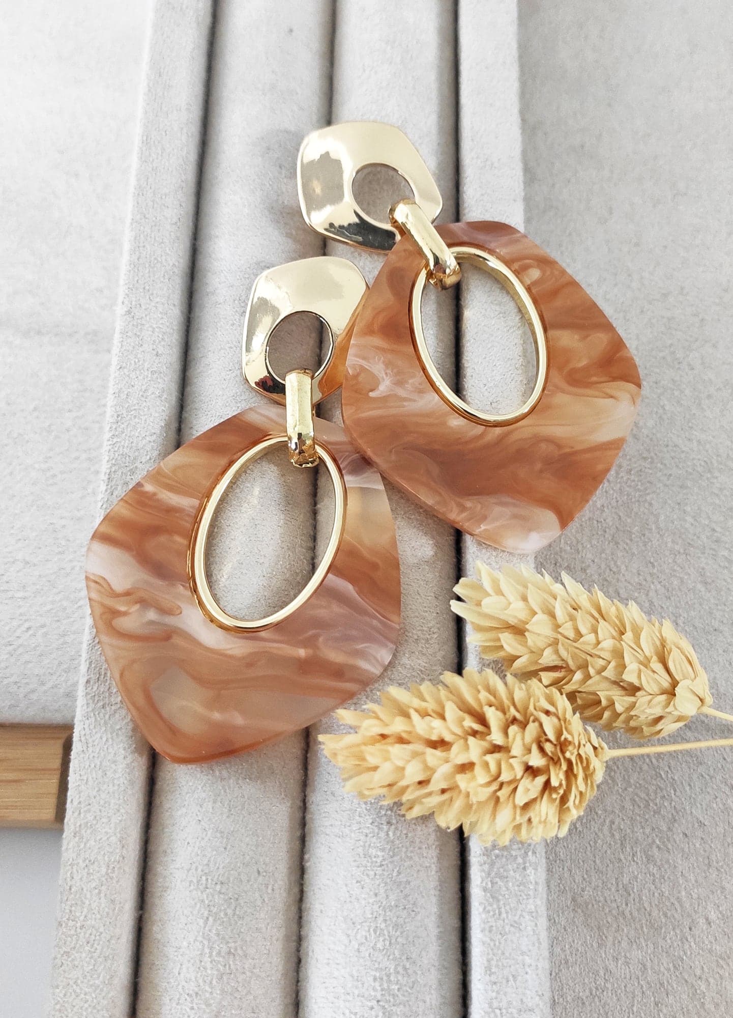 Brass with Gold Plated Brown Enamel Cornered Dangle Earrings