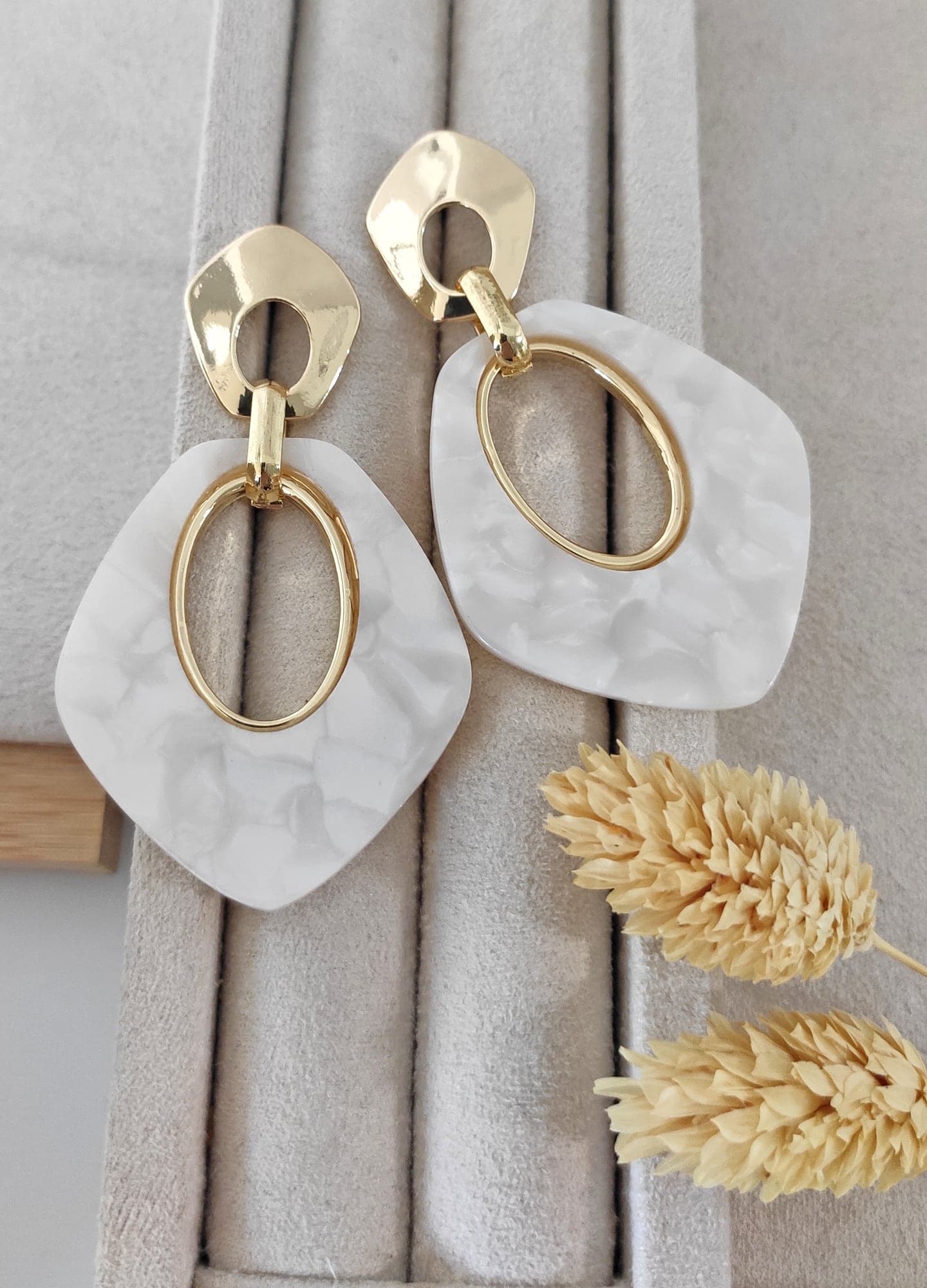 Brass Gold Plated White Enameled Dangle Earrings with Corners