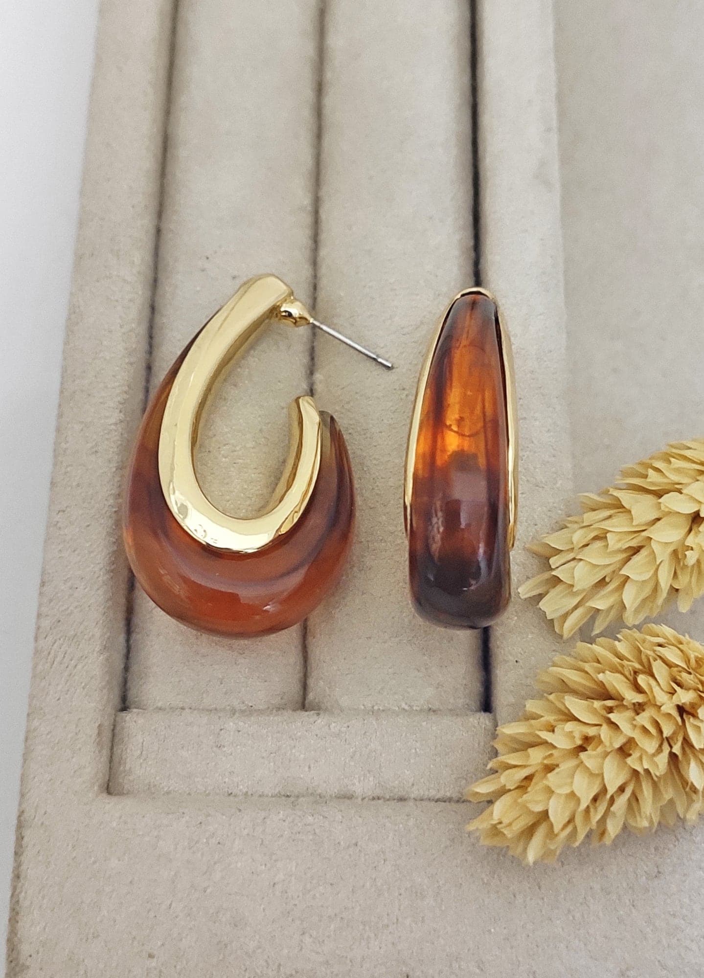 Gold-Plated Brass, Coffee-Colored Half-U Earrings