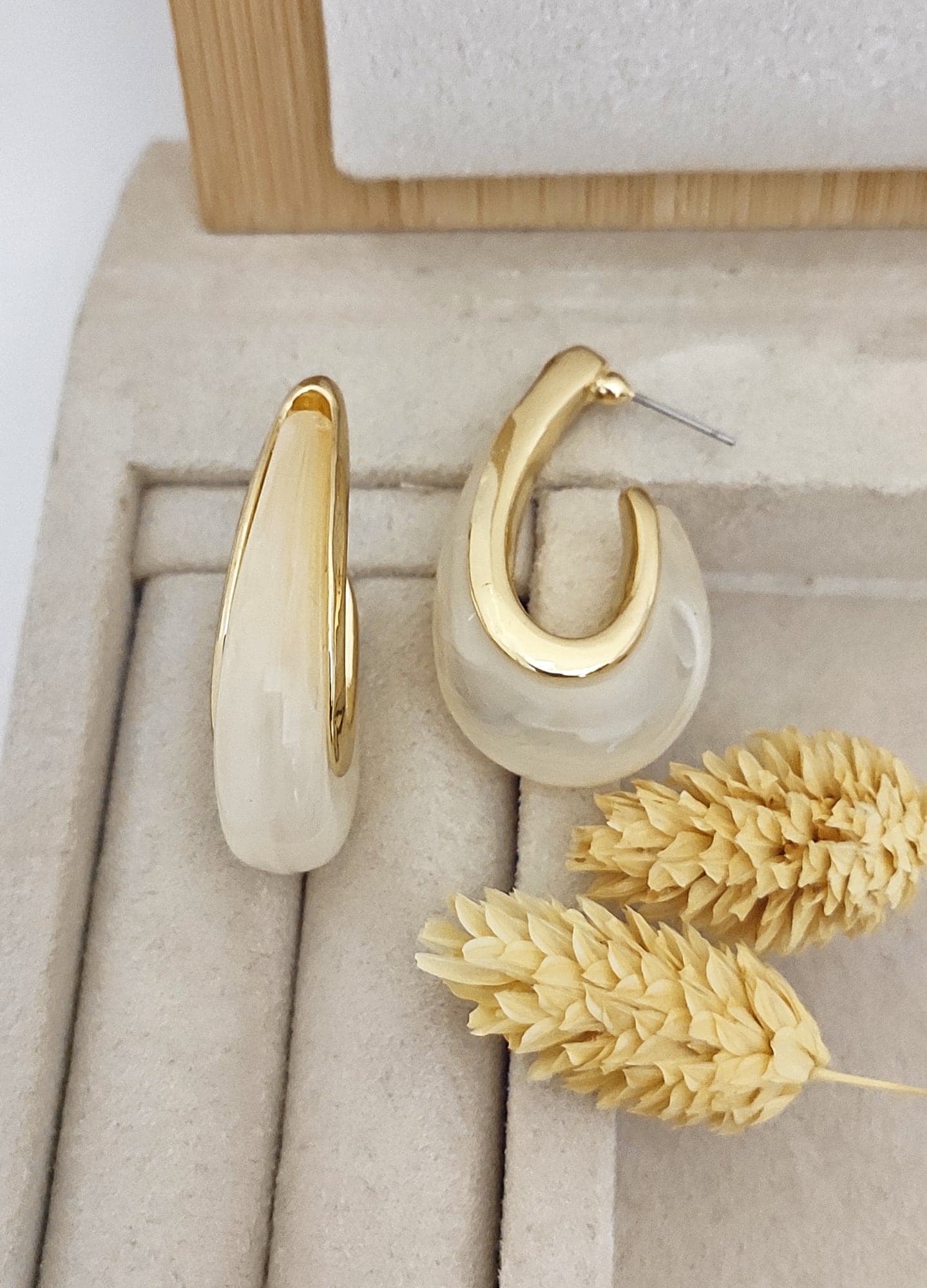 Gold-Plated Brass, White Enamel Half-U Earrings