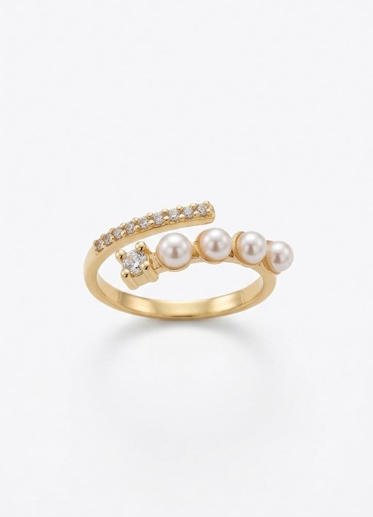 Adjustable Brass Ring with Gold Plated Pearl Details
