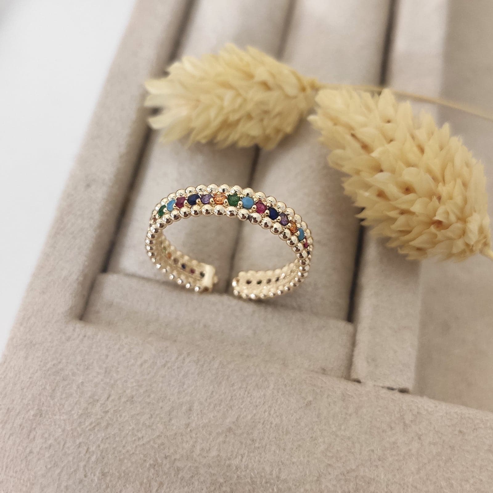 Adjustable Brass Ring with Gold Plated Colorful Zircon Stone Arrangement