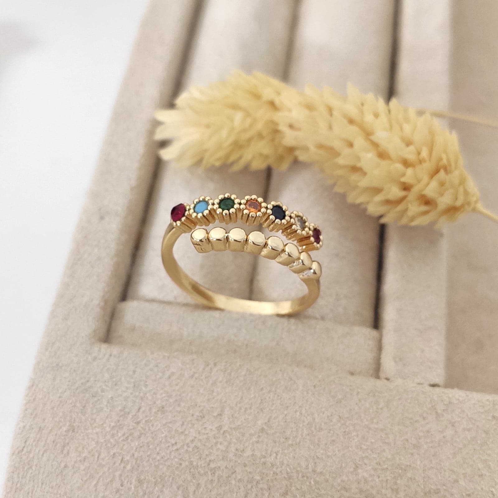 Adjustable Brass Ring with Gold Plated Colorful Zircon Stone Arrangement