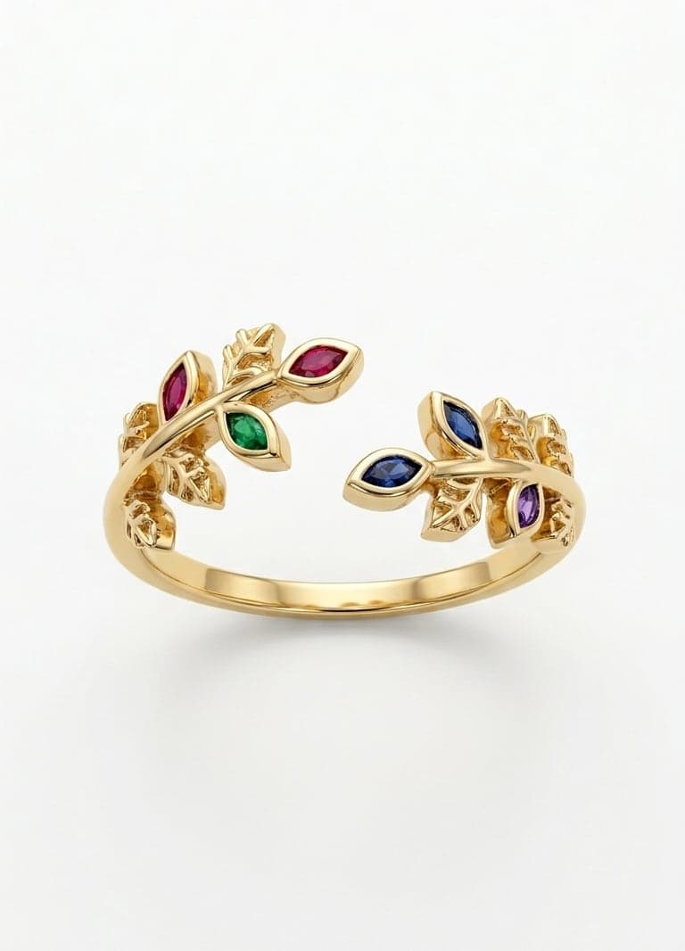 Adjustable Leaf Ring with Gold Plated Colorful Zircon Stones on Brass